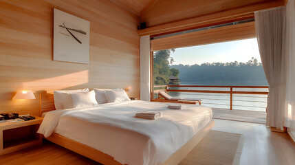 Fototapeta premium Minimalist wooden bedroom with a king-sized bed and balcony overlooking a tropical lake during golden hour