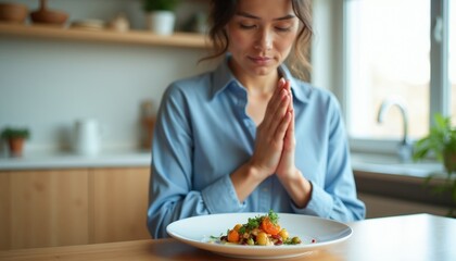 Naklejka premium Woman joins hands, practices mindful eating of small, healthy portion of gourmet food. Focuses on conscious dining, gratitude for meal, weight management, and satiety.