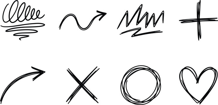 Set of eight hand-drawn doodle design elements including arrows, squiggles, and shapes for annotation.