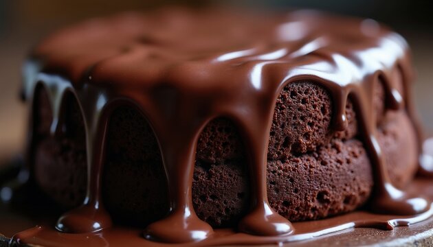 Rich dark chocolate cake with glossy ganache glaze. Sweet dessert food macro shot. Moist crumb texture reveals decadent treat. Perfect for bakery promotion or culinary blog.
