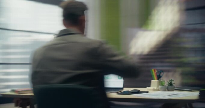 Timelapse 360 Degree. Businessman Works on Laptop in Loft Office, Analyzing Ecommerce Data, Taking Notes and Phone Calls While Optimizing Digital Sales Workflow. Orbital Cinematic Arc Tracking Shot.