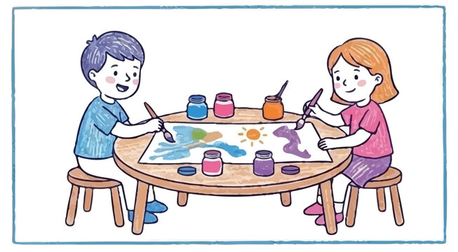 A cartoon boy and girl sit on small wooden stools around a round table, happily painting a colorful picture with brushes and paint jars
