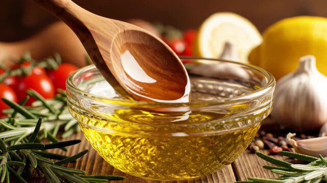Golden extra virgin olive oil drizzling from a wooden spoon into a clear glass bowl on a wooden table, surrounded by fresh rosemary, garlic bulbs, cherry tomatoes, and citrus lemon.