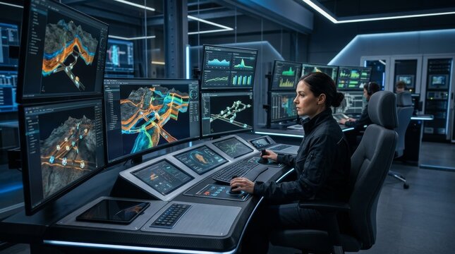 Mining Engineer Analyzing Data on Multiple Screens in Control Room