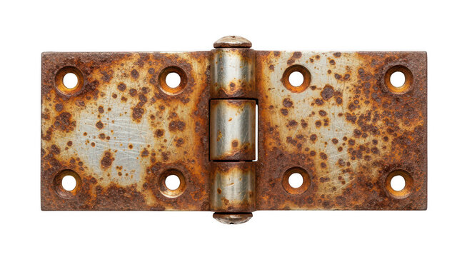 Old rusty metal door hinge with screw holes for industrial construction or home repair projects isolated on transparent background