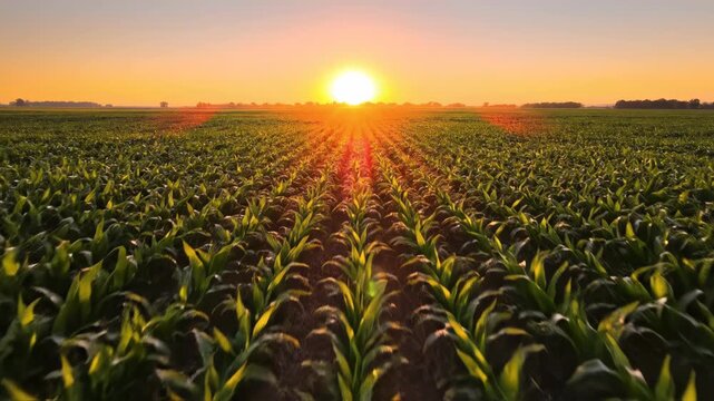 Wide shot of young green corn plants in neat rows stretching across a vast agricultural field under a golden sunrise with sun on the horizon and warm orange sky.