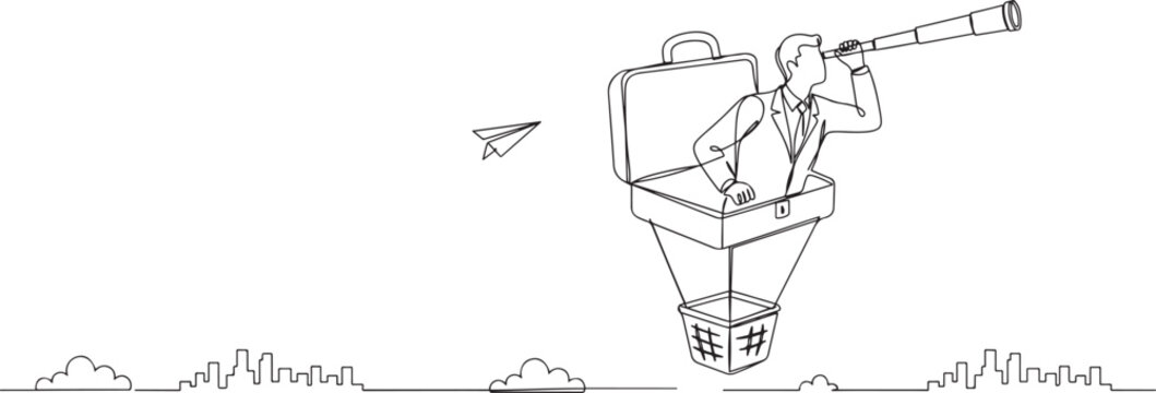 Single continuous line drawing businessman looking through telescope in hot air balloon briefcase. Man in suitcase balloon search to success.one line vector illustration with white background