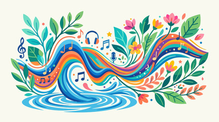 Obraz premium A serene flat design abstract illustration where vibrant sound waves gracefully merge with stylized natural elements, symbolizing the harmony of music and nature in summer.