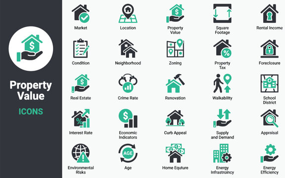 Property value icons set in flat design style