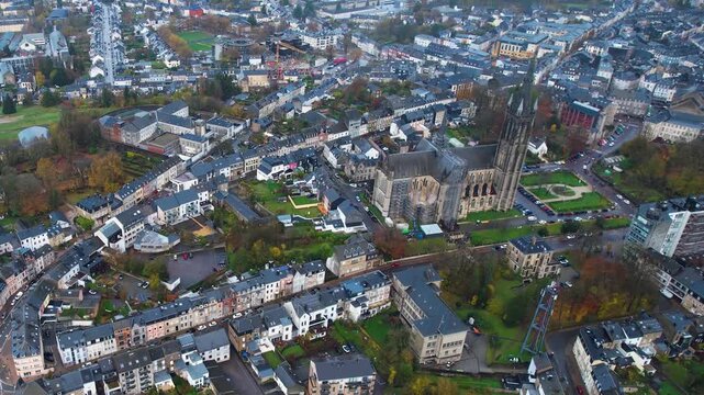 Aerial view of the old town  in the city Arlon in Belgium, on a cloudy autumn noon.