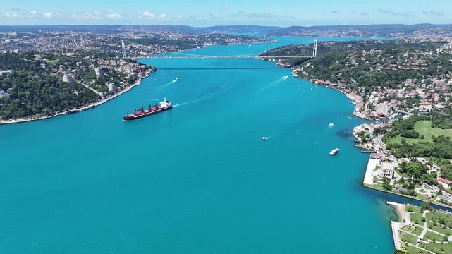 Aerial view of the turquoise Bosphorus and bridges, featuring a unique Istanbul cityscape on a summer day (D-Log unprocessed footage).