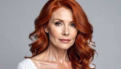 Portrait of a woman with vibrant red wavy hair, fair skin, light eyes, and neutral background © faster