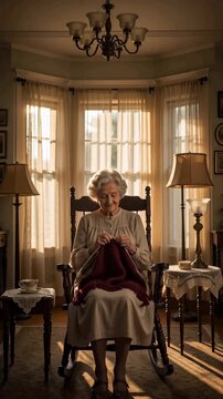 Elderly woman knitting red garment in rocking chair with warm backlight near bay window