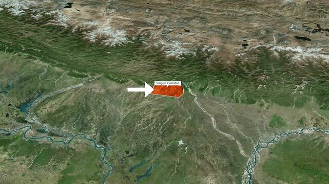 Animated satellite map zoom of the Siliguri Corridor with orange highlight and white arrow indicating geographic location 4K