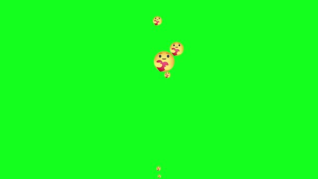 Cute care Emotes Floating Upwards on Green Screen Background, Colorful icons moving from bottom to top with transparent alpha channel,