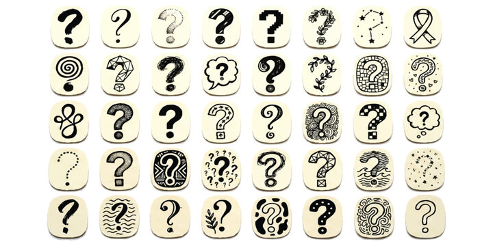 Set of hand drawn question mark doodle icons in various artistic styles and creative patterns