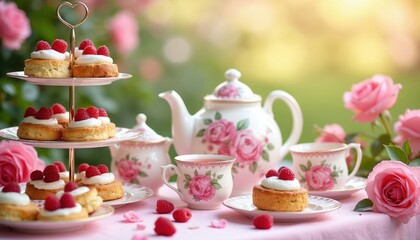Fototapeta premium Elegant tea party with scones, cream, raspberries, and roses. Table set with floral teapot cups and saucers in garden. Afternoon refreshments served outdoors in sunlight.