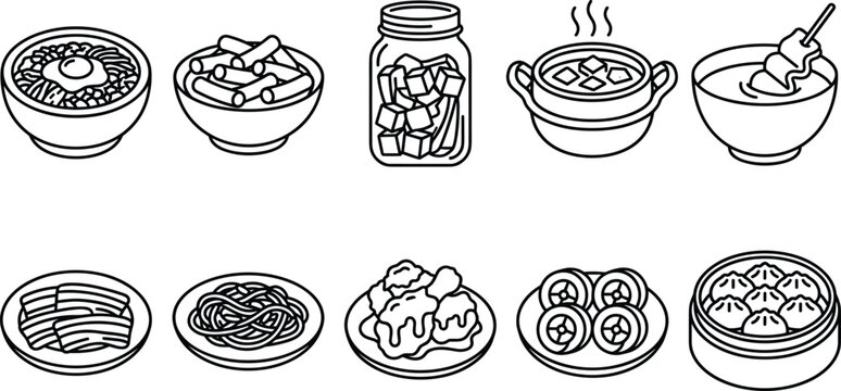Minimalist Korean and Asian Food Line Art Icon Set Featuring Various Delicious Traditional Cuisine Outline Designs