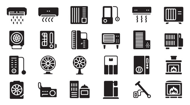 Diverse climate control icons including heaters air conditioners fans and fireplace.
