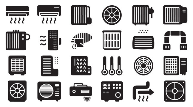 Set of air conditioner radiator vent heater and ventilation equipment flat vector icons.
