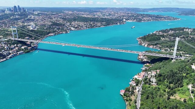 Aerial view of the turquoise Bosphorus and bridges, featuring a unique Istanbul cityscape on a summer day (D-Log unprocessed footage).