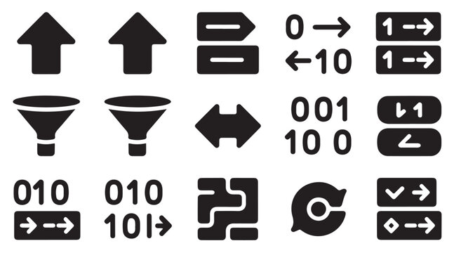 Binary code and data flow icons on transparent background.