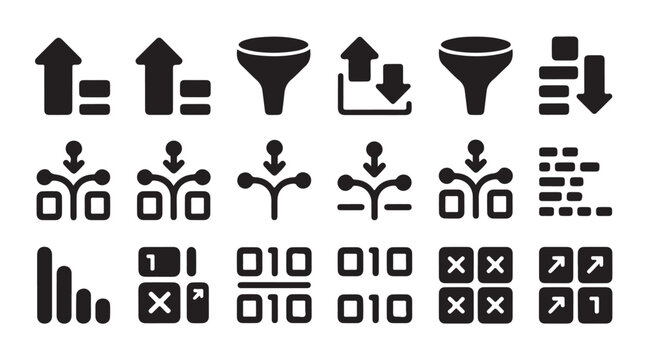 Collection of data management and organization black vector icons on transparent backdrop.
