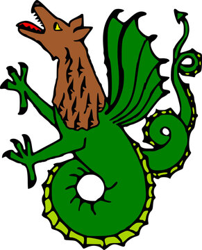 Heraldic wyvern or dragon creature with wolf head and green body