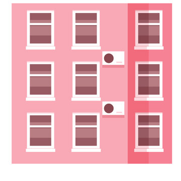 Flat vector illustration of a pink building facade with windows and ac units