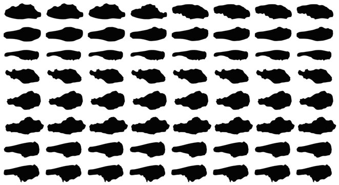 Collection of various military tank silhouettes and armored vehicle shapes in black isolated on white background for warfare graphics and design