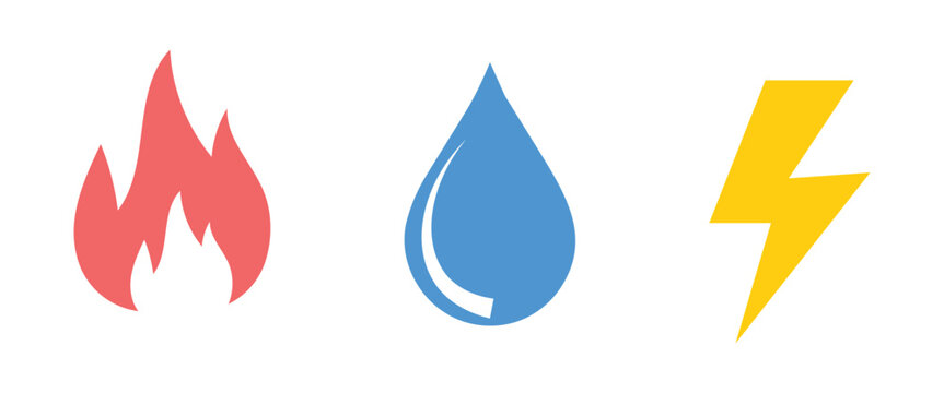 Utilities and home energy icon set. Flat colored symbols for electricity, gas heating, and water supply.