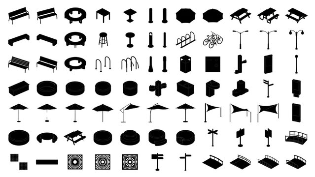 Isometric Urban Street Furniture CAD Blocks Vector Set with Park Bench Details
