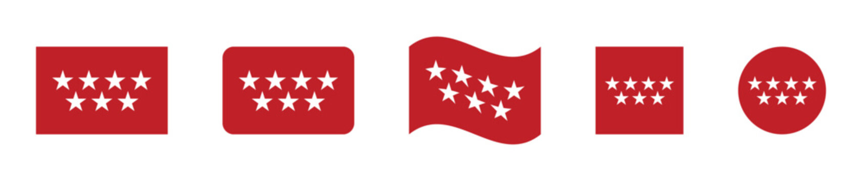 Madrid flag icon collection with flat rectangle rounded wavy square and circle vector illustration