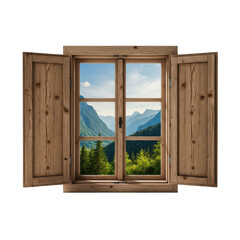 Fototapeta premium Open rustic wooden window with shutters showing a beautiful mountain valley landscape view outside isolated on transparent background