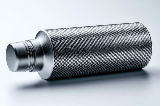 Knurled metal cylinder with herringbone texture resting on a neutral surface featuring sharp macro focus for industrial design marketing