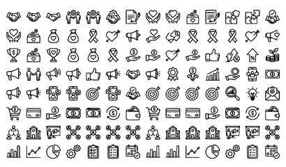 Obraz premium Black line icons for charity fundraising and business concepts