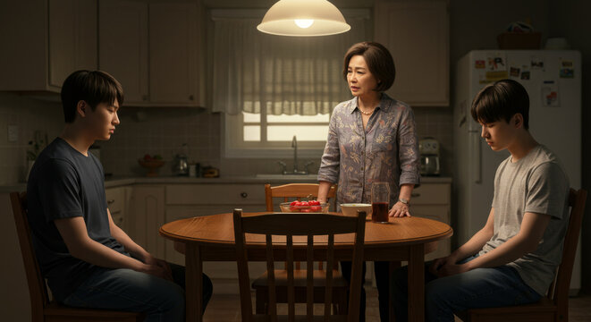 An asian woman stands in a kitchen looking at two young men sitting at a table with an emotional expression on her face.