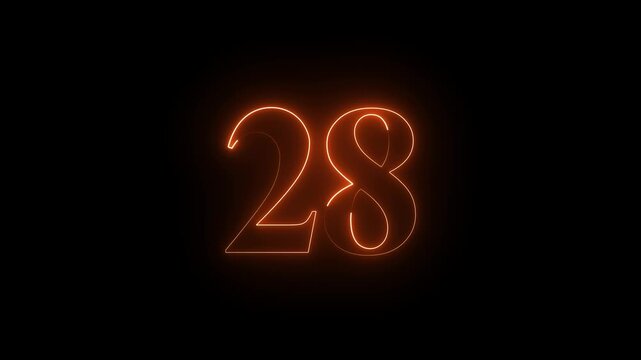 Futuristic neon number 28 animation, glowing numeric digits forming smoothly from light trails, vibrant energy pulses surrounding the number, sleek cyberpunk style, dynamic illumination effects..