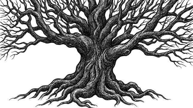 Bare tree, tree roots, twisted branches, black and white illustration, vector tree