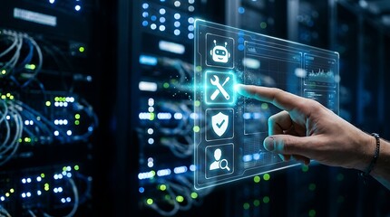 Fototapeta premium Futuristic server room maintenance with digital interface, IT engineer managing data center network, artificial intelligence and cybersecurity icons