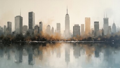 Naklejka premium Abstract oil painting shows cityscape with muted tones and textured brushstrokes. Buildings reflect in calm water. Impressionistic art style. Peaceful urban atmosphere.