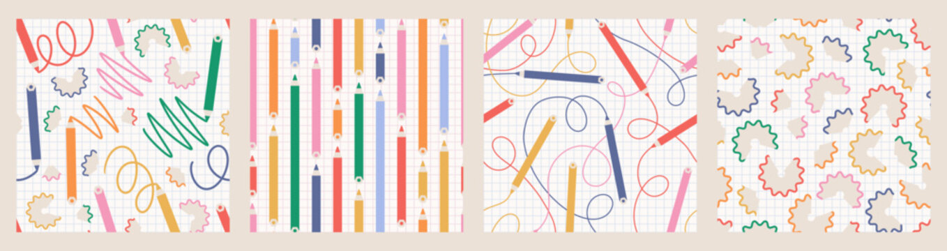 Colored crayons with scribbles and shavings Back To School seamless pattern collection. Colored pencils on paper checkered background. Simple flat vector geometric style design.