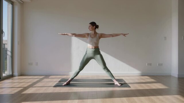 Adjusting wide pose on mat, woman in activewear at home by glass door, sunlight guiding alignment