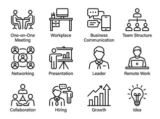 Fototapeta premium A collection of vector line icons representing business people, professional roles, corporate communication, and office hierarchy in a clean, minimalist design style.