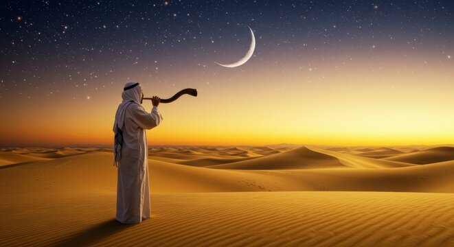 Man in desert playing shofar horn under a starry night sky with a crescent moon. Rosh Hashanah and spiritual awakening concept.