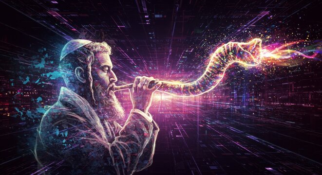 Jewish man blowing shofar. Rosh Hashanah celebration. Yom Kippur ritual. Spiritual awakening with vibrant light. Traditional holiday graphic.