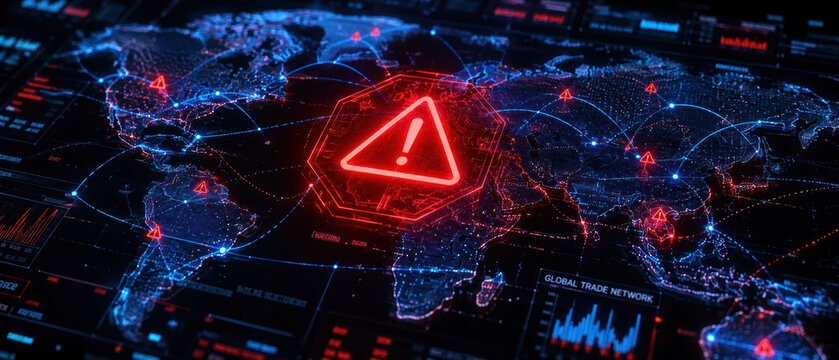 Digital world map with glowing red warning symbols and network connections showing cybersecurity threat and global trade data