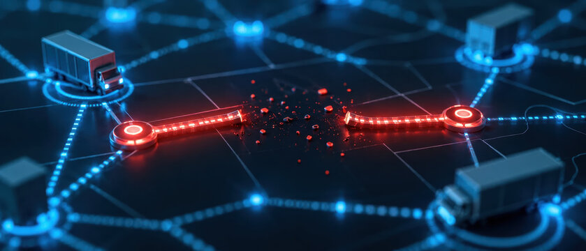 Network disruption concept with broken digital connection and trucks on dark background, symbolizing logistics interruption and data flow break