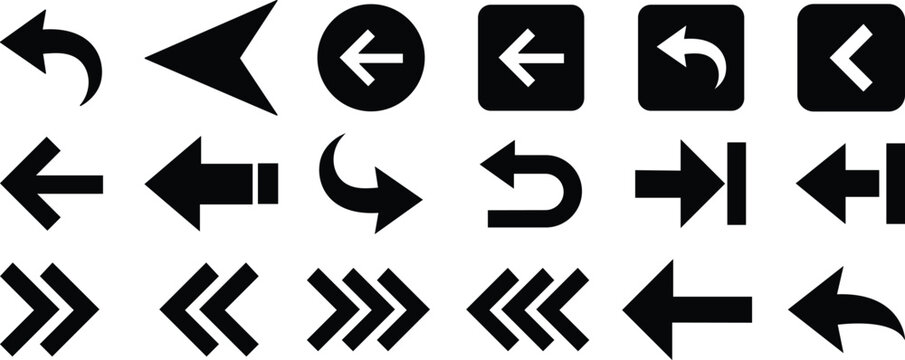 Black solid arrow icon set with back forward curved chevron and button style direction symbols collection