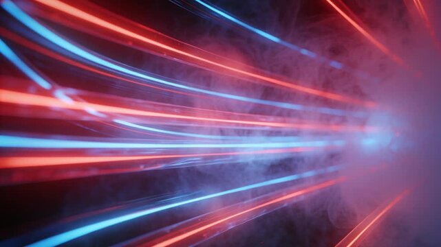 Fog thickening driving red-blue streaks flowing right to glow, specks scattering to create tunnel